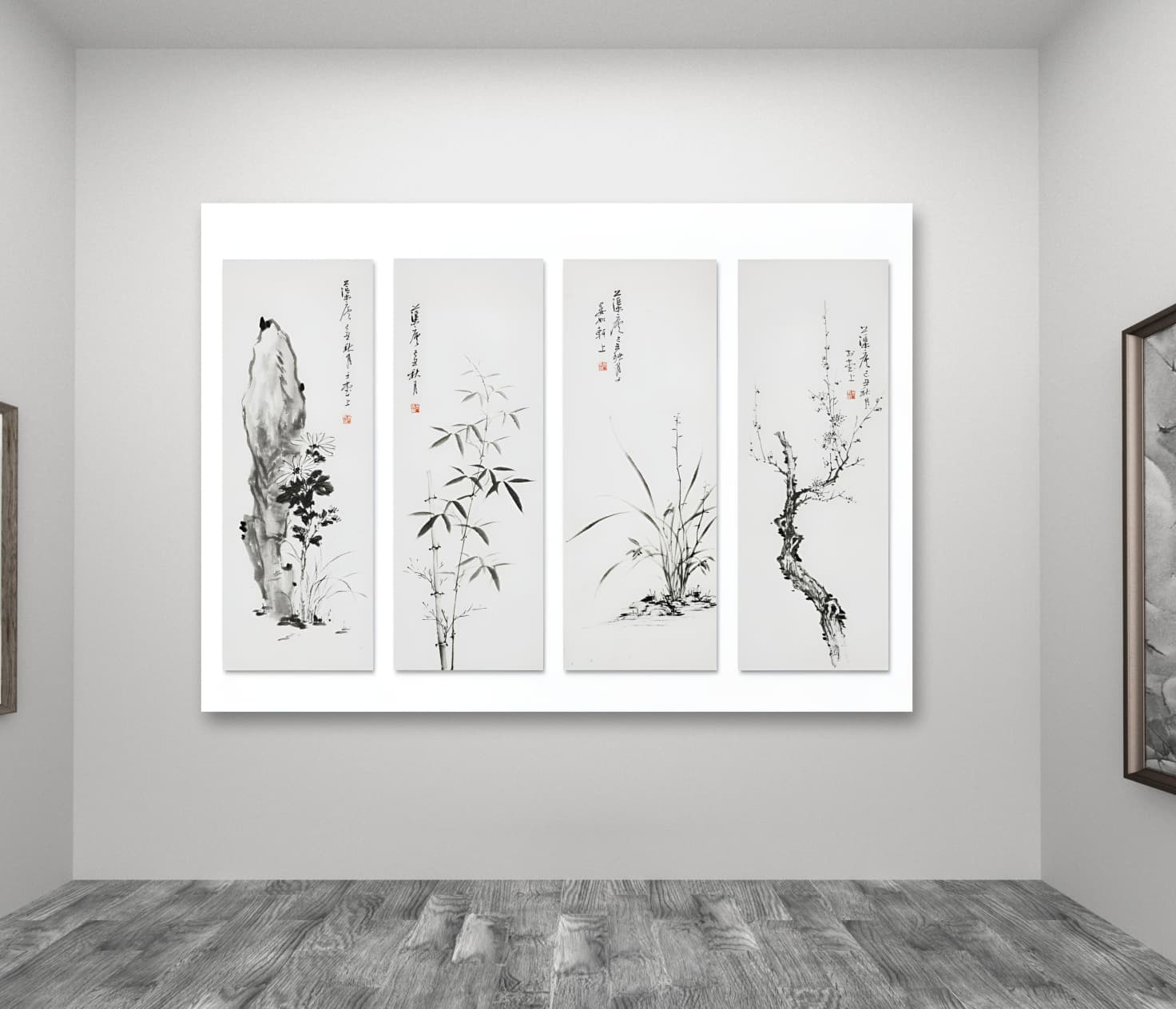 Art gallery interior showing various artworks displayed on white walls