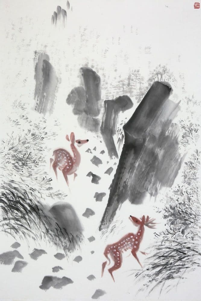 Two Deer by a Mountain Stream