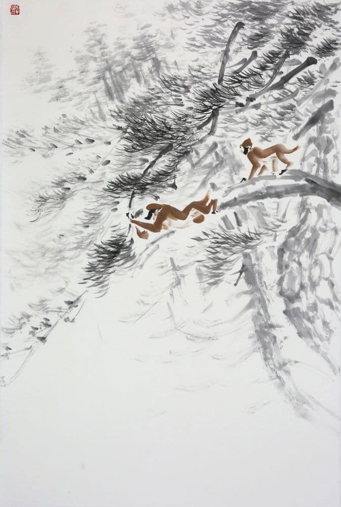Monkeys Playing Among Twin Pines
