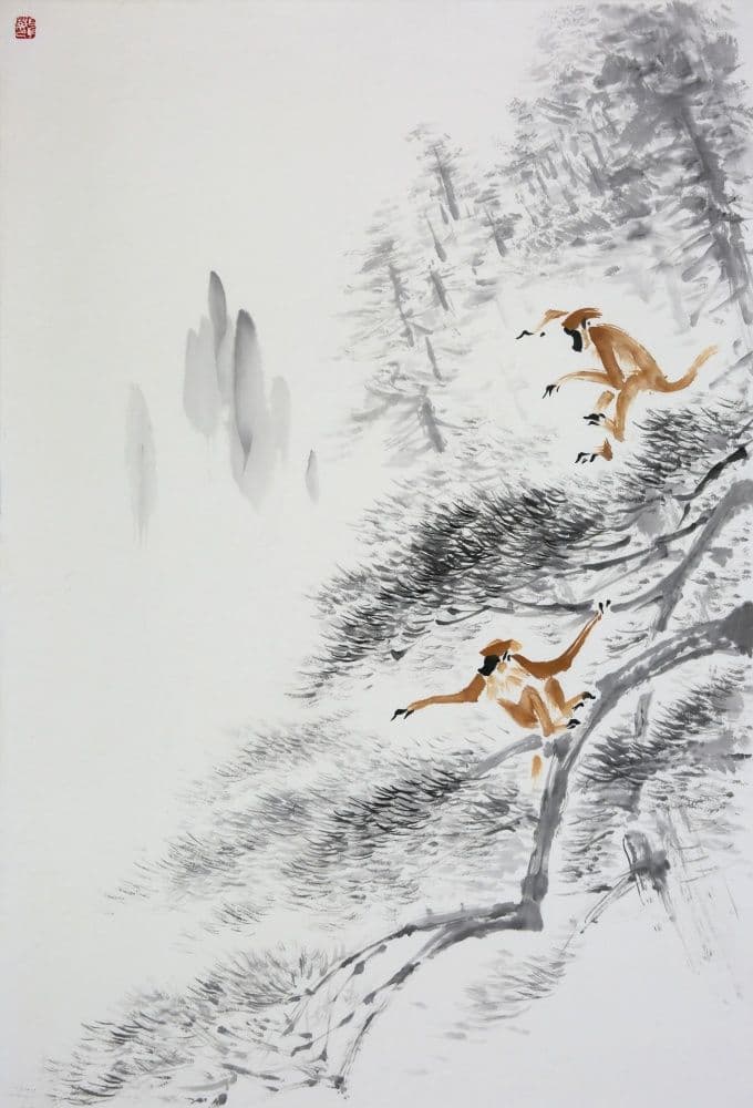 Two Monkeys Playing on the Pines