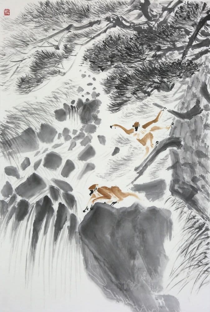Two Monkeys Watching a Waterfall