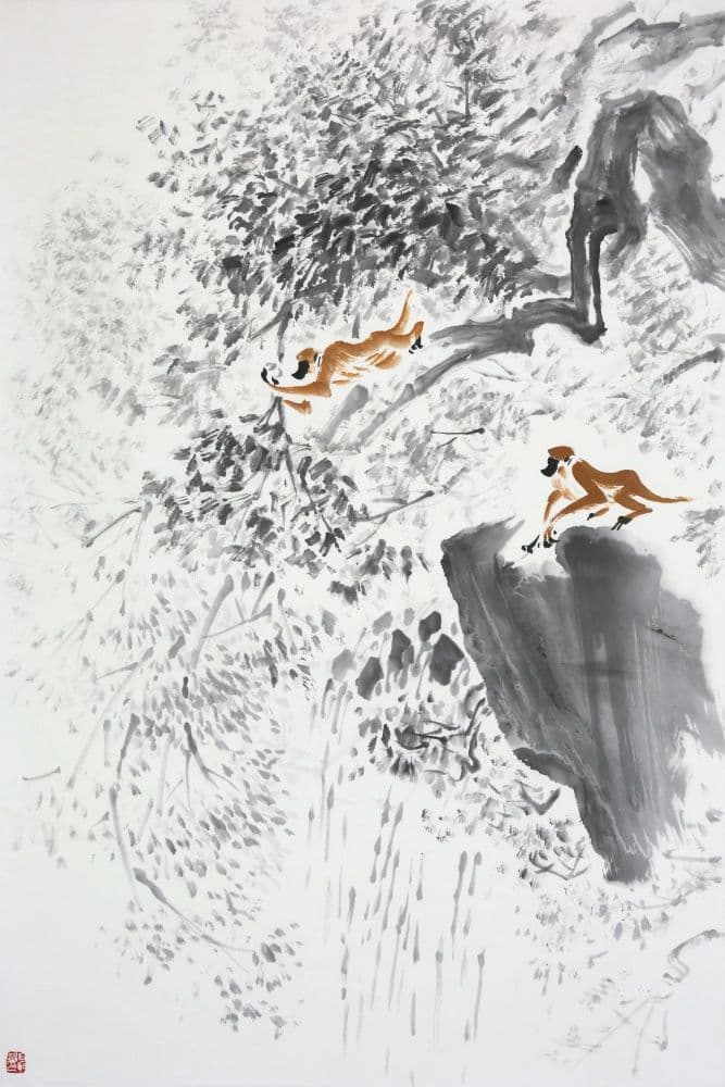 Monkeys Playing by a Waterfall