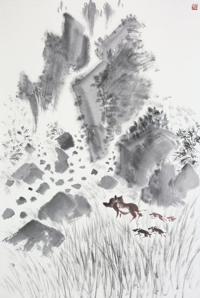 Running Wild Boars by the Stream