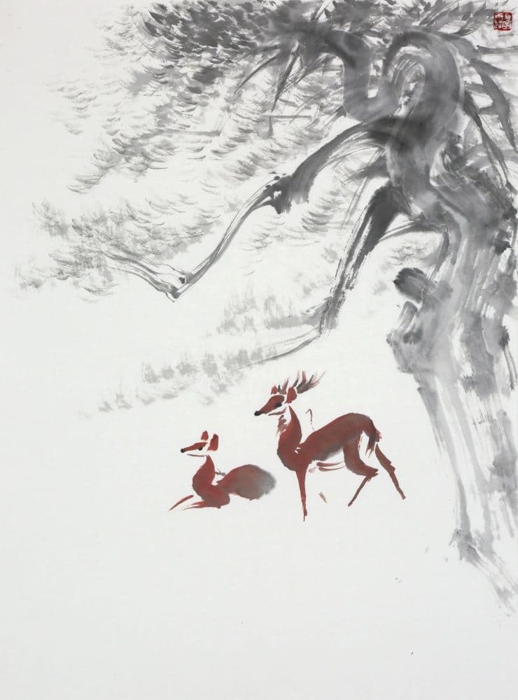 Ancient Trees with Two Deer