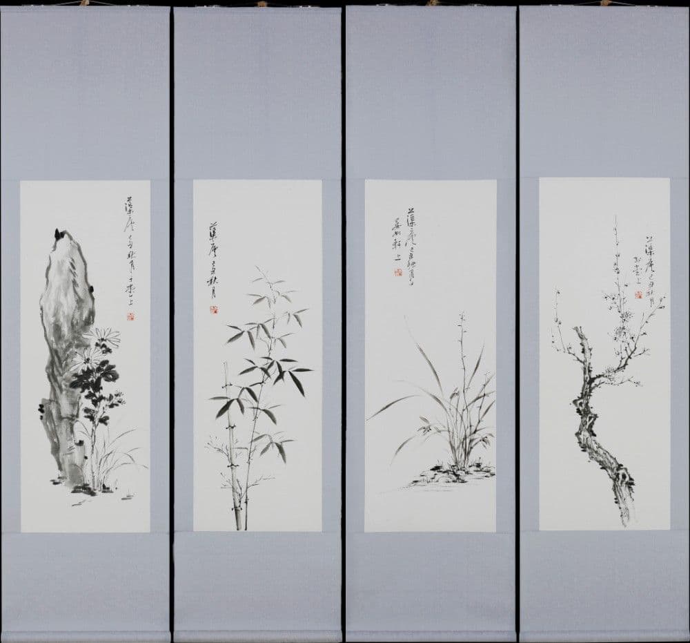Four-Panel Screen with Plum, Orchid, Bamboo, and Chrysanthemum